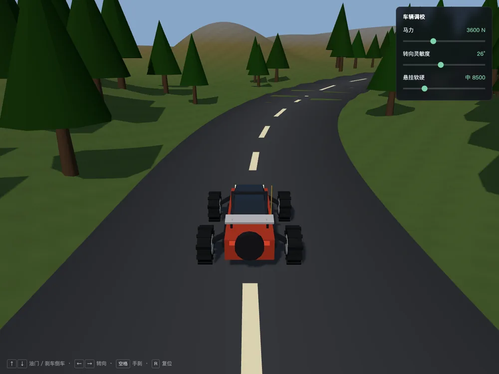林间公路上的 3D 遥控越野车